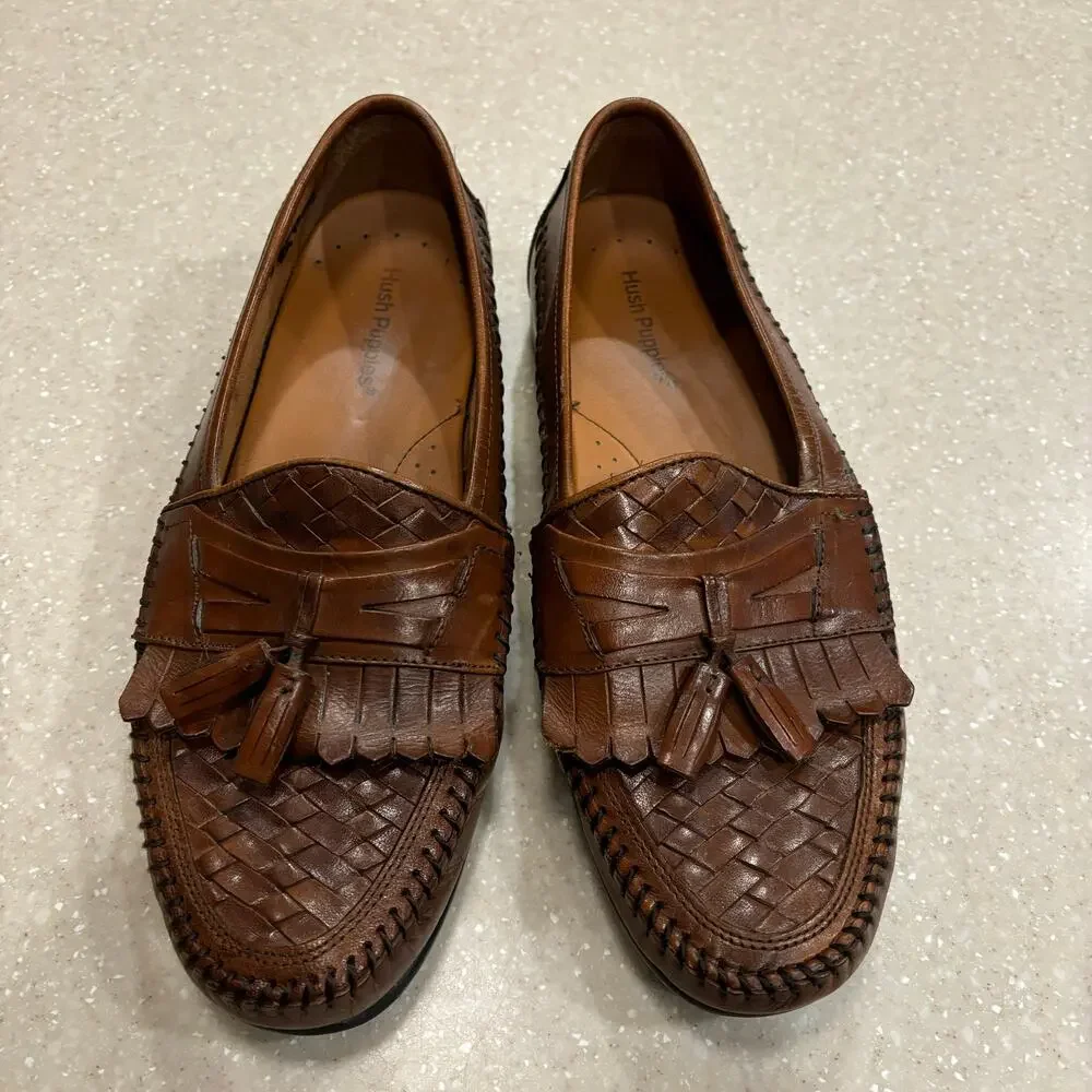 Hush Puppies Brown Leather San Remo Woven Tasseled Slip on Dress Shoes Size 9.5M